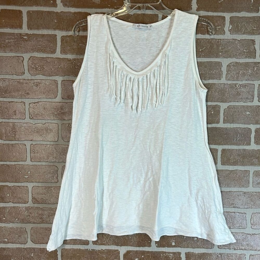 Cut Loose White cotton linen Tank S Sleeveless V Neck Tunic Top USA Fringe